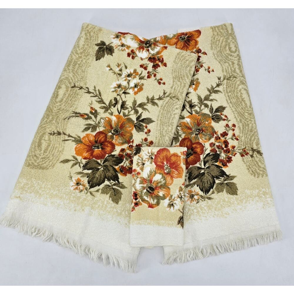 Vintage Floral Towel Set 3pc Fringe Trim Retro Cottagecore Kitchen Bath USA Made
